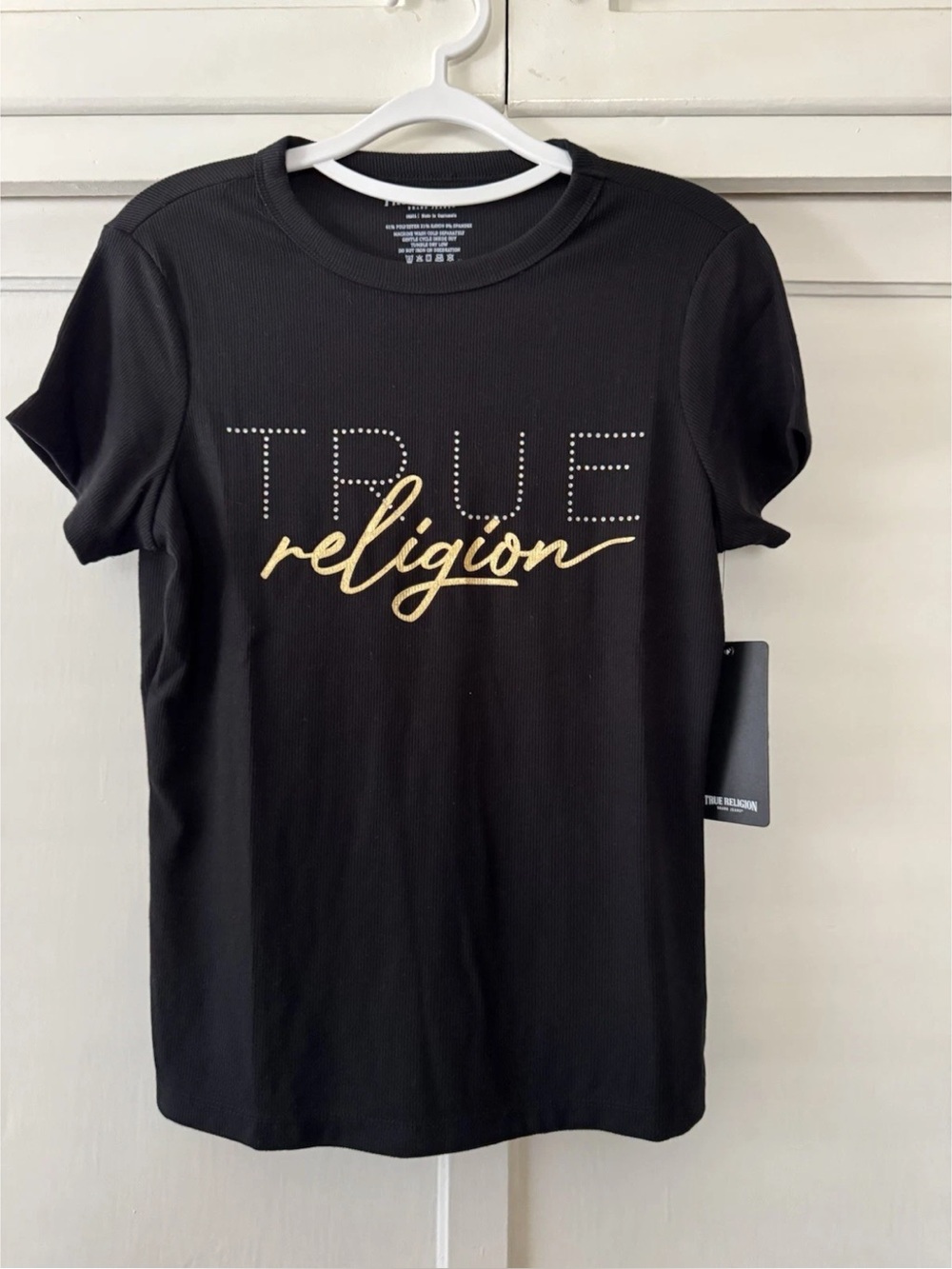 True Religion Black Short Sleeve Tee with Gold Script Logo